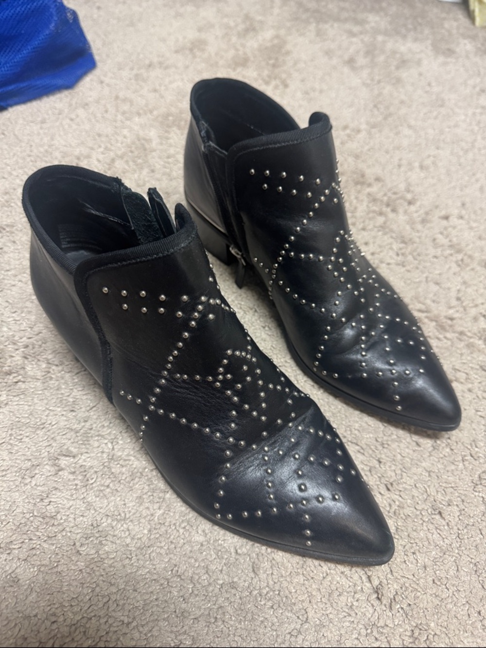 Treasure and Bond Studded Black Pointed Leather Ankle Boots